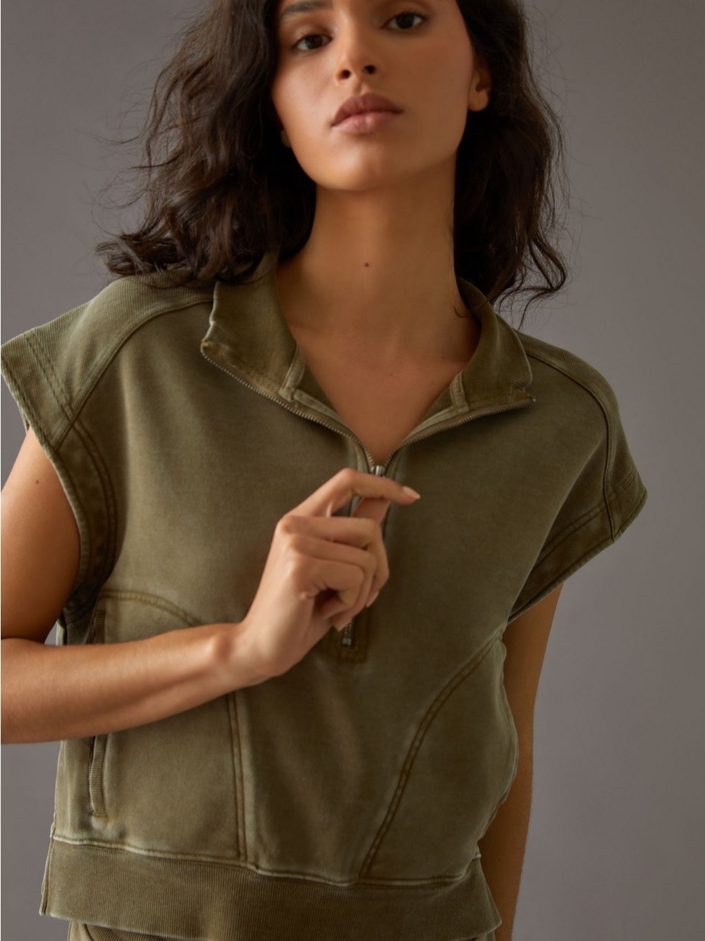 Anthropologie Daily Practice Olive Half Zip Sleeveless Sweatshirt Pullover Med
